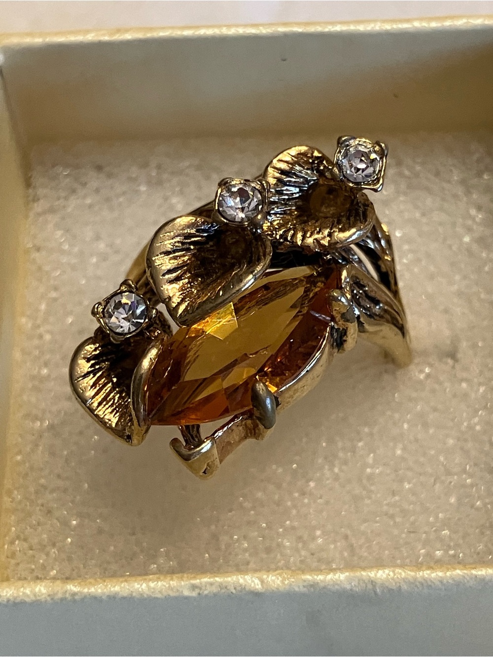 18K gold Electroplated ring with an Amber Marquise- Cut Smoky Brown Stone